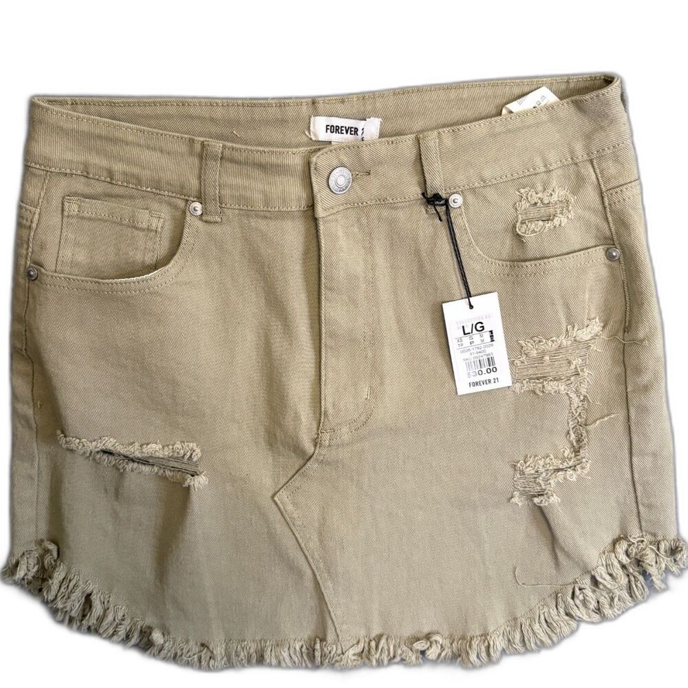 NWT Y2K Vintage Forever 21 Distressed Tan Denim Mini Skirt Raw Hem Sz Large